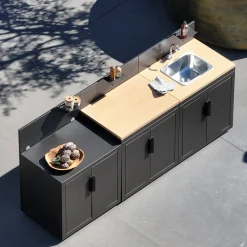Outdoor-Küche 3 Module Stahl und Holzdekor