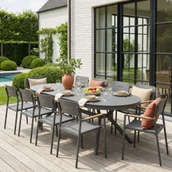 Ovaler ausziehbarer Gartentisch 220/280cm aus Aluminium + 10 Sessel