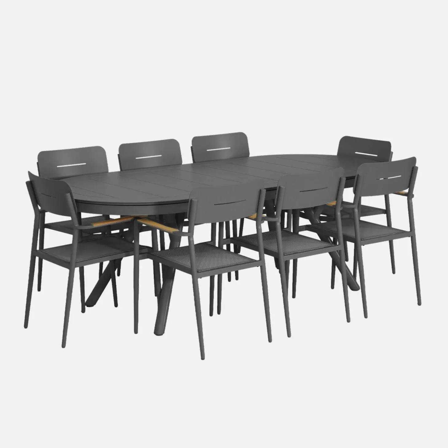 Ovaler verlängerbarer Gartentisch 220/280cm aus Aluminium + 8 Sessel