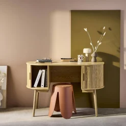 Ovales Büro im Holzlook mit zwei Aufbewahrungsmöglichkeiten, L 120cm