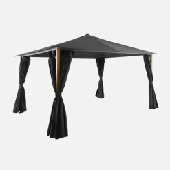 Pavillon 4x3m Aluminium Holzoptik mit Vorhängen und LED