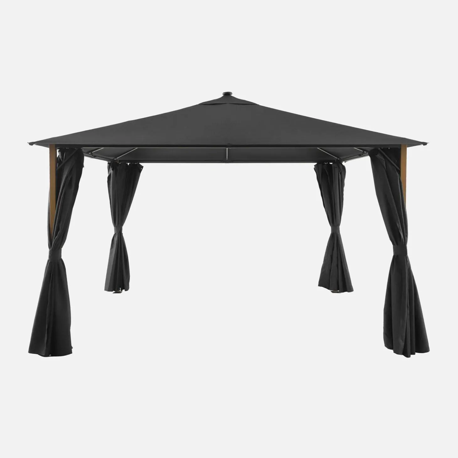 Pavillon 4x3m Aluminium Holzoptik mit Vorhängen und LED