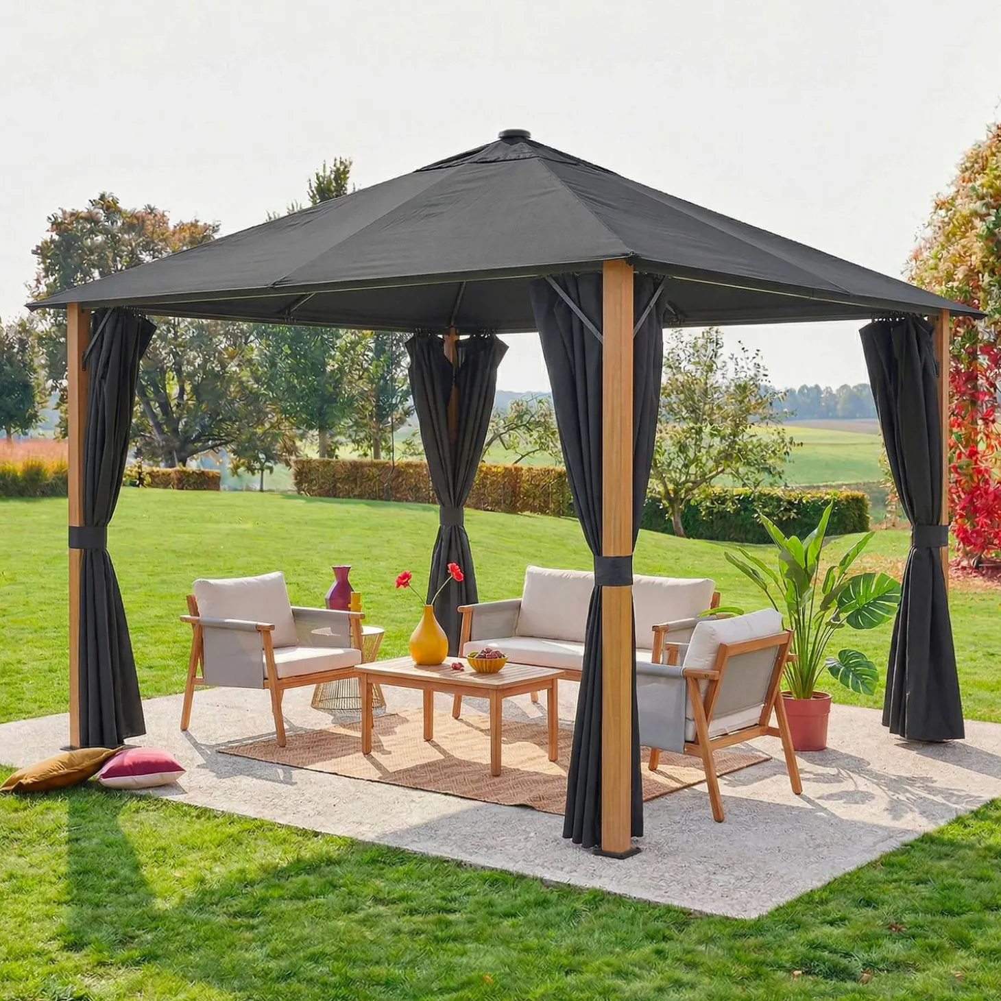 Pavillon 3x3m Aluminium Holzoptik mit Vorhängen und LED
