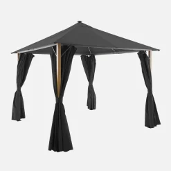 Pavillon 3x3m Aluminium Holzoptik mit Vorhängen und LED