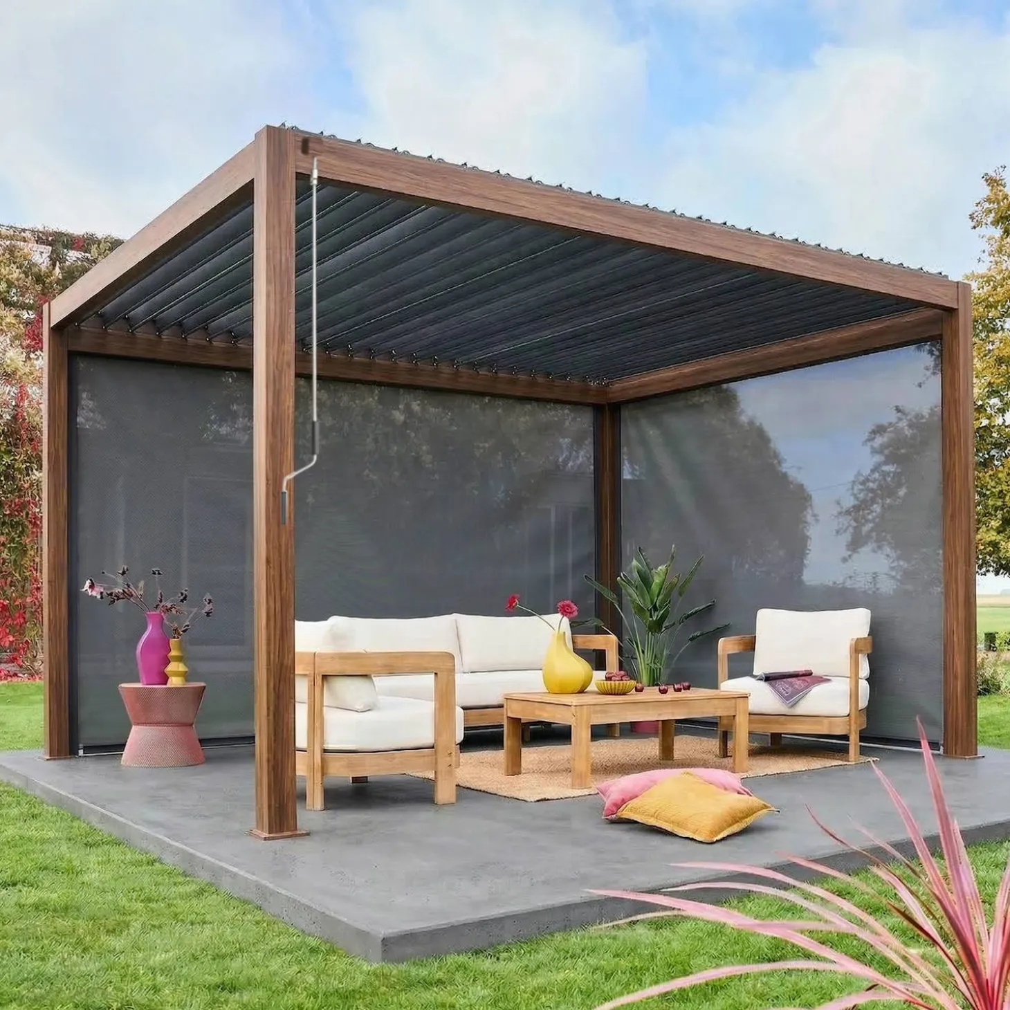 Pergola mit Lamellendach Triomphe 3x4m + Markise 3m + Markise 4m