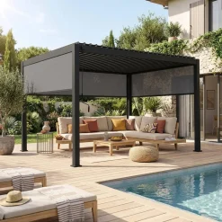 Pergola mit Lamellendach Triomphe 3x4m + 2 Markisen 3m + 1 Markise 4m