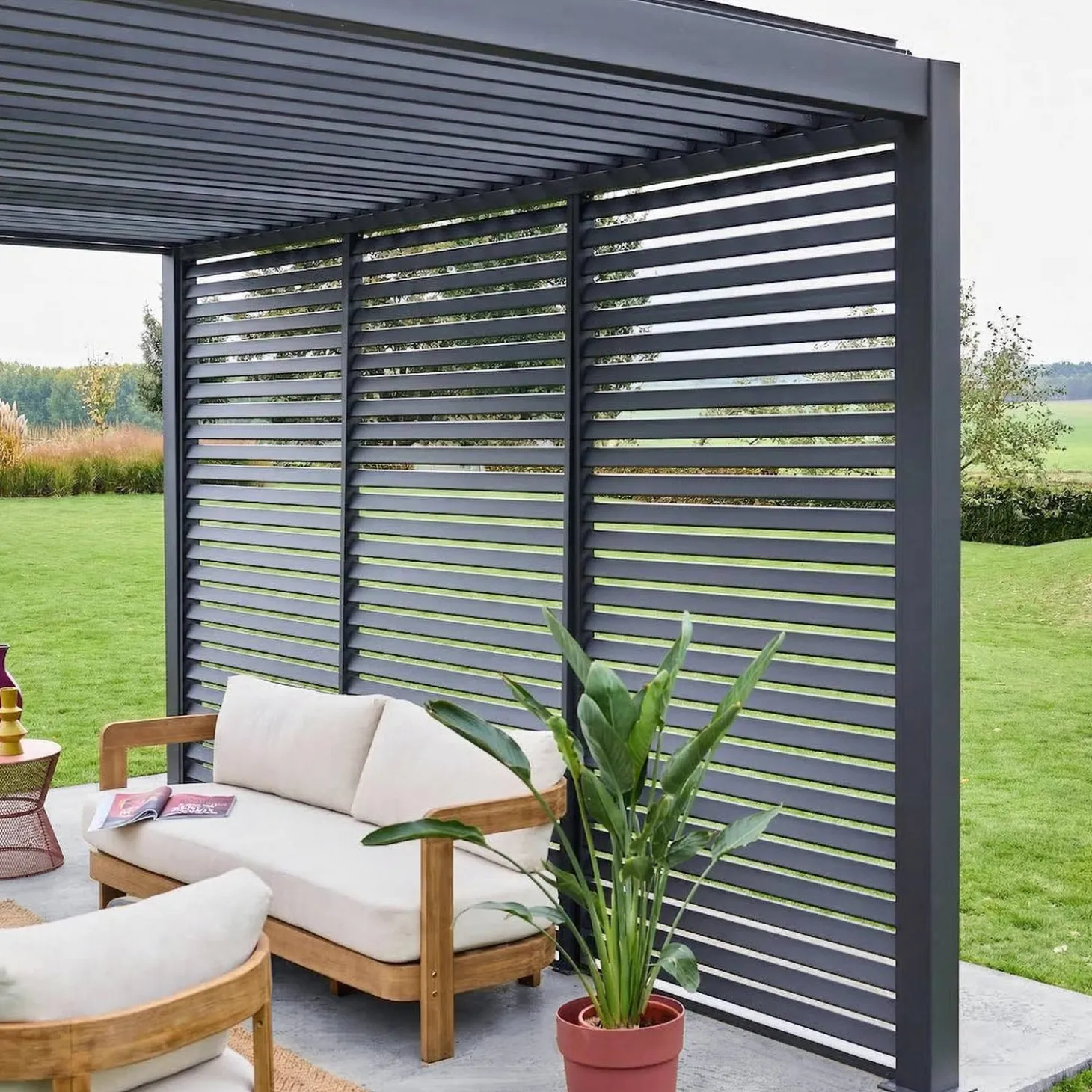 Pergola mit Lamellendach Triomphe 3x4m mit 3 Lamellenwänden 130cm