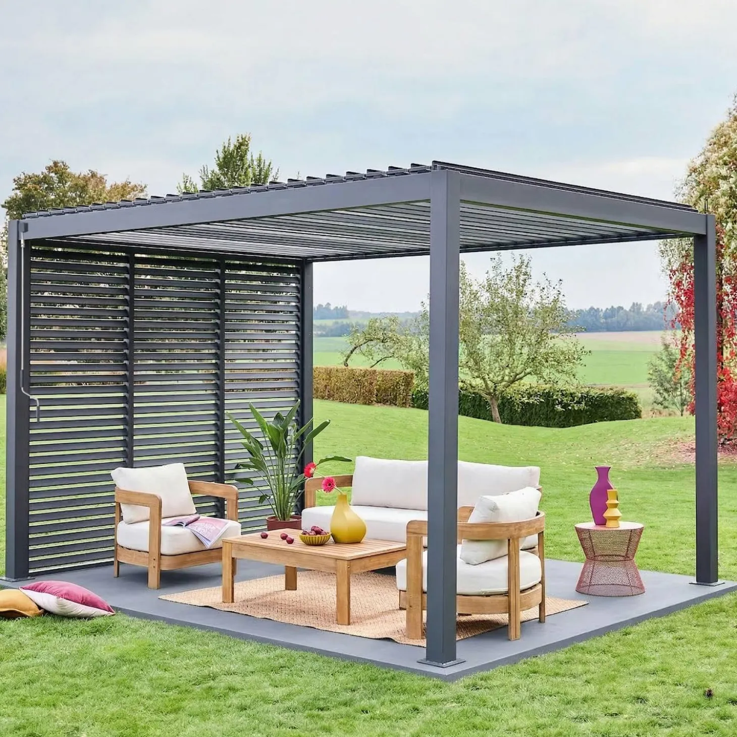 Pergola mit Lamellendach Triomphe 3x4m mit 3 Lamellenwänden 100cm