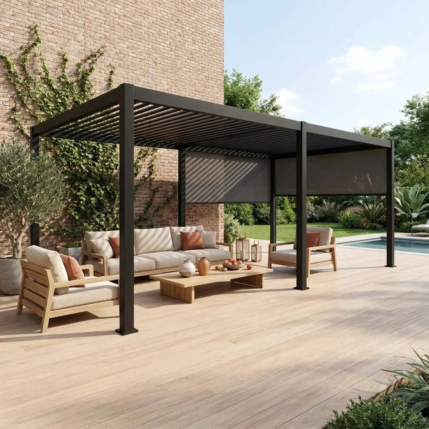 Pergola mit Lamellendach Triomphe 3x6m mit 2 Markisen 3m