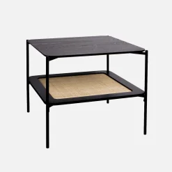 Quadratischer Couchtisch mit Holzeffekt und Rohrgeflecht Doppelplatte