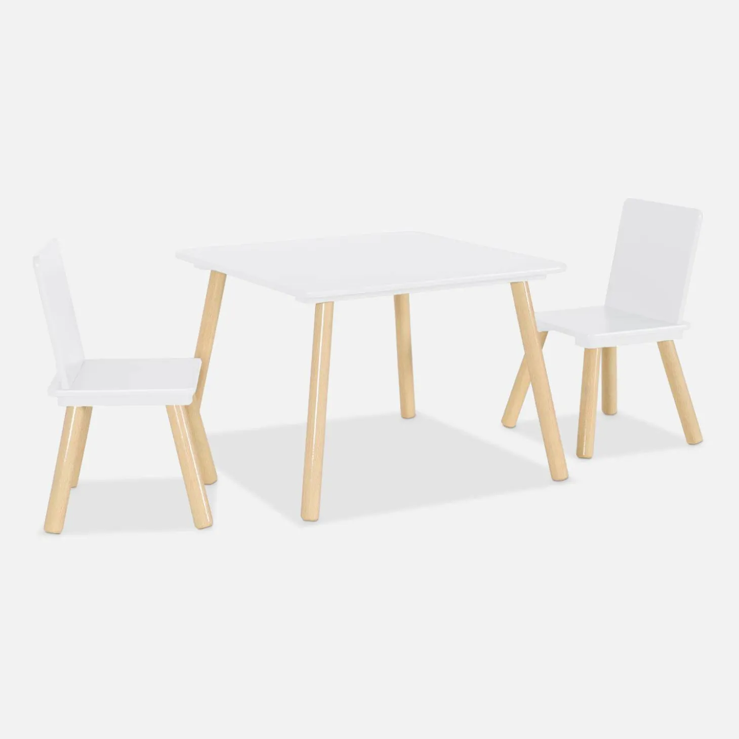 Quadratischer Kindertisch mit 2 Stühlen, Beine aus Kiefer