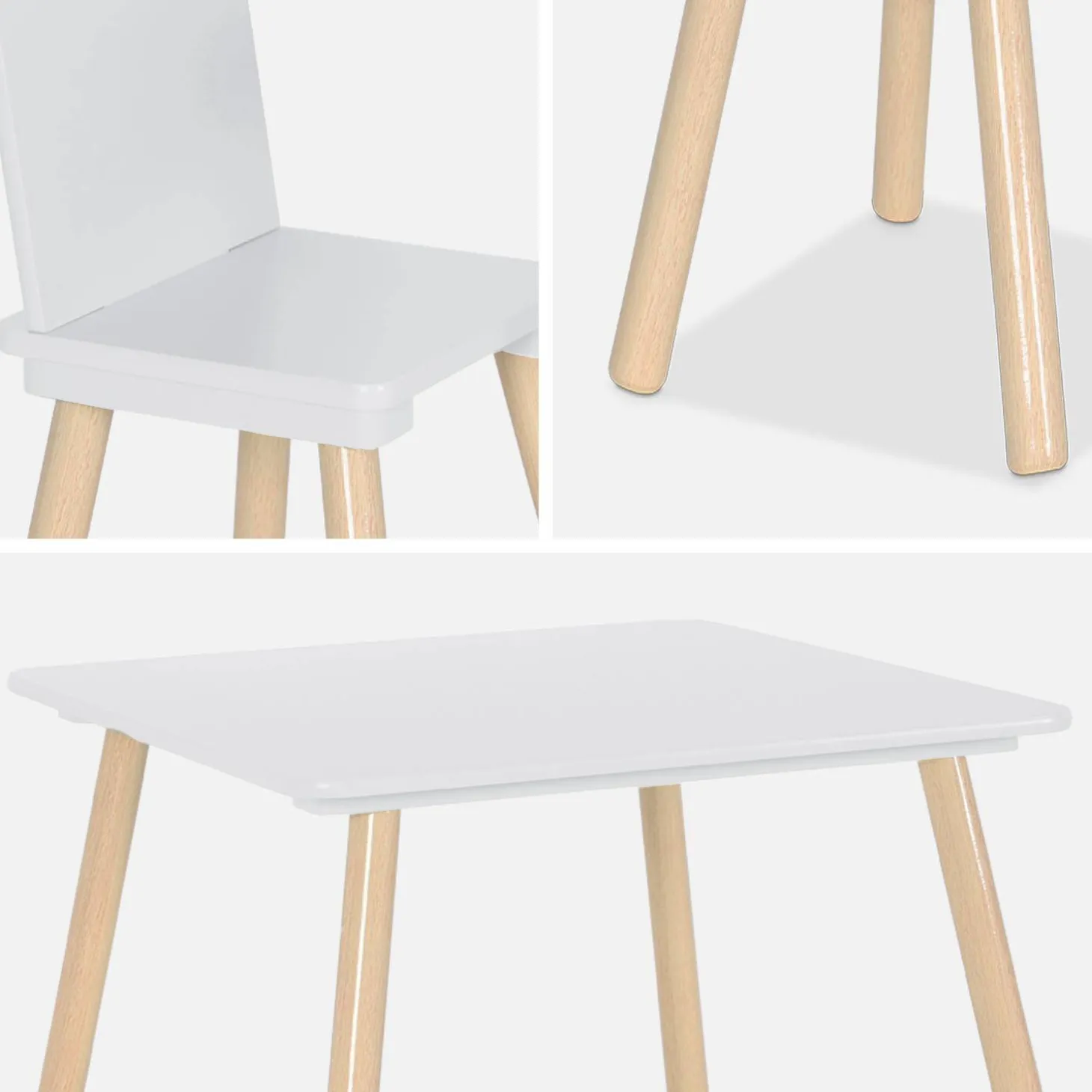 Quadratischer Kindertisch mit 2 Stühlen, Beine aus Kiefer