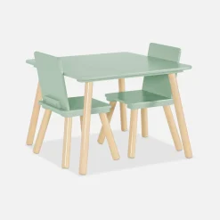 Quadratischer Kindertisch mit 2 Stühlen, Beine aus Kiefer