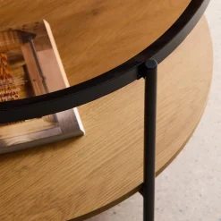 Runder Couchtisch mit doppelterPlatte, , Glas, Holzdekor und Stahl