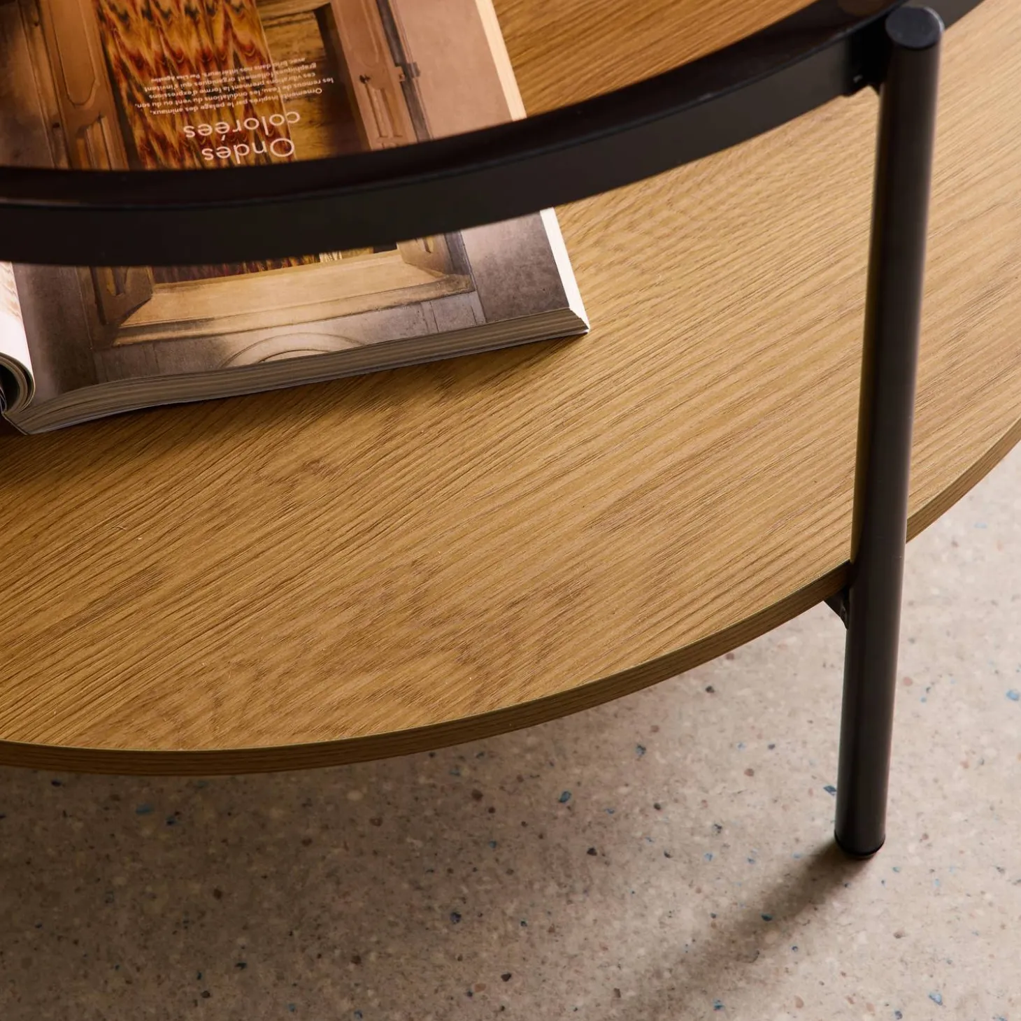 Runder Couchtisch mit doppelterPlatte, , Glas, Holzdekor und Stahl