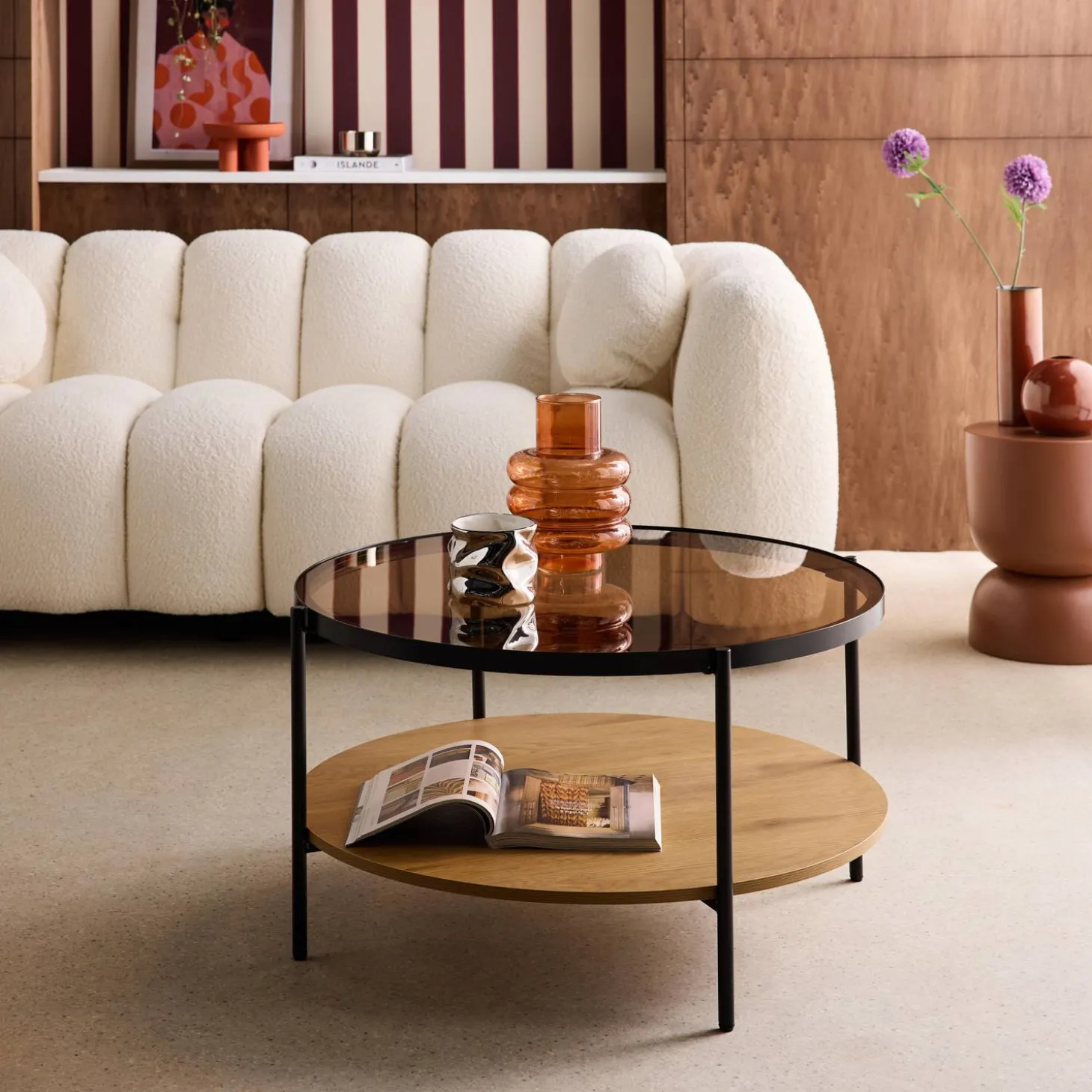 Runder Couchtisch mit doppelterPlatte, , Glas, Holzdekor und Stahl