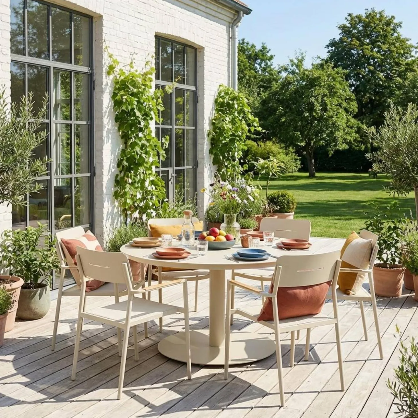 Runder Gartentisch Ø140cm aus Aluminium + 6 Sessel