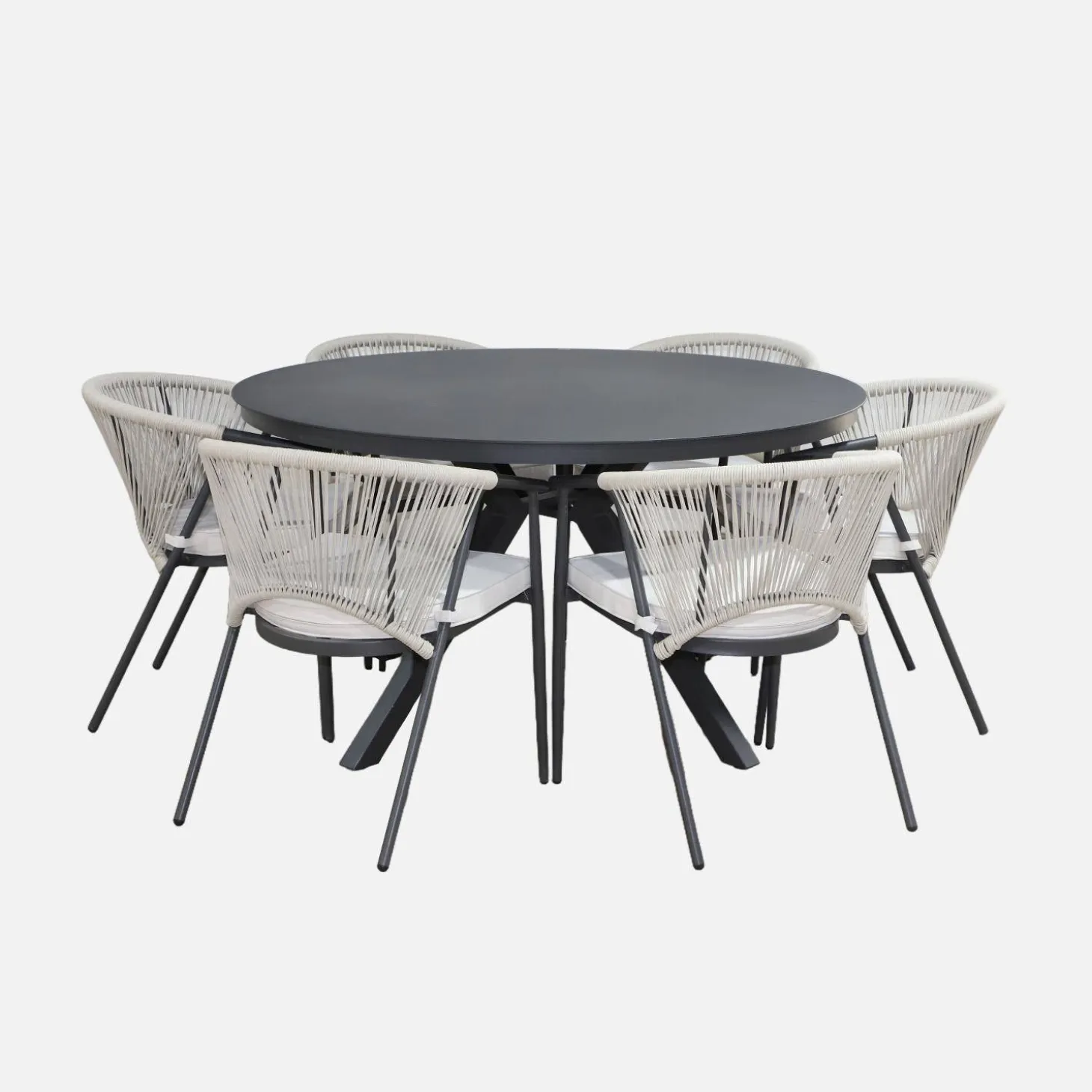 Runder Gartentisch Ø140 cm aus Aluminium und Glas + 6 Sessel