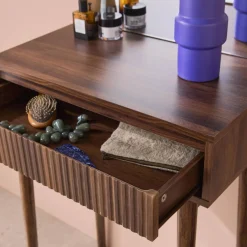 Schminktisch Holzoptik, abgerundeter Spiegel, 1 Schublade, 60 cm
