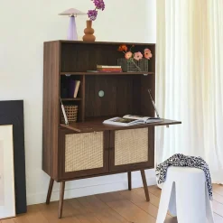 Schreibschrank / Sekretär, 2 Türen und Regale, Holzdekor und Rattan-Geflecht