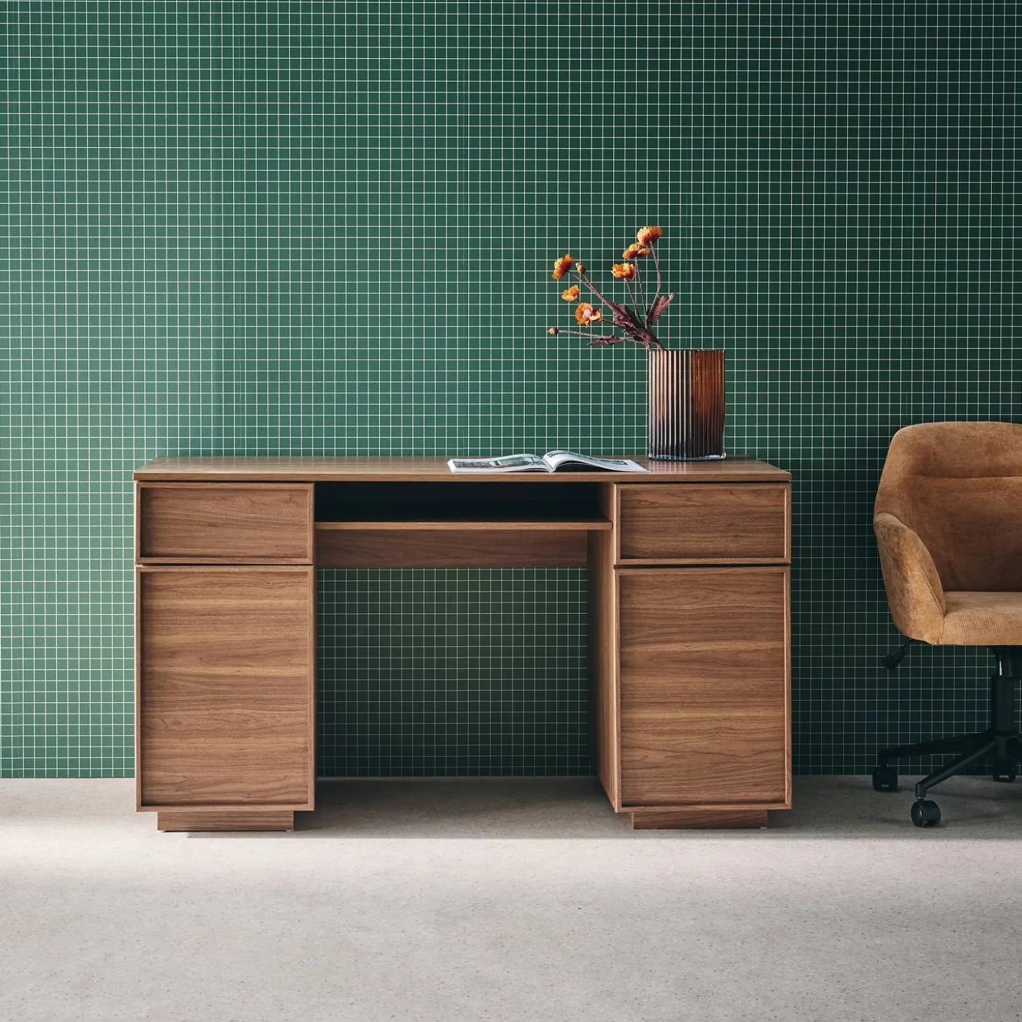 Schreibtisch Holzlook 2 Türen 2 Schubladen 1 Ablage 140 cm