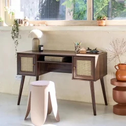 Schreibtisch mit Holzdekor und Rattan-Geflecht 2 Türen