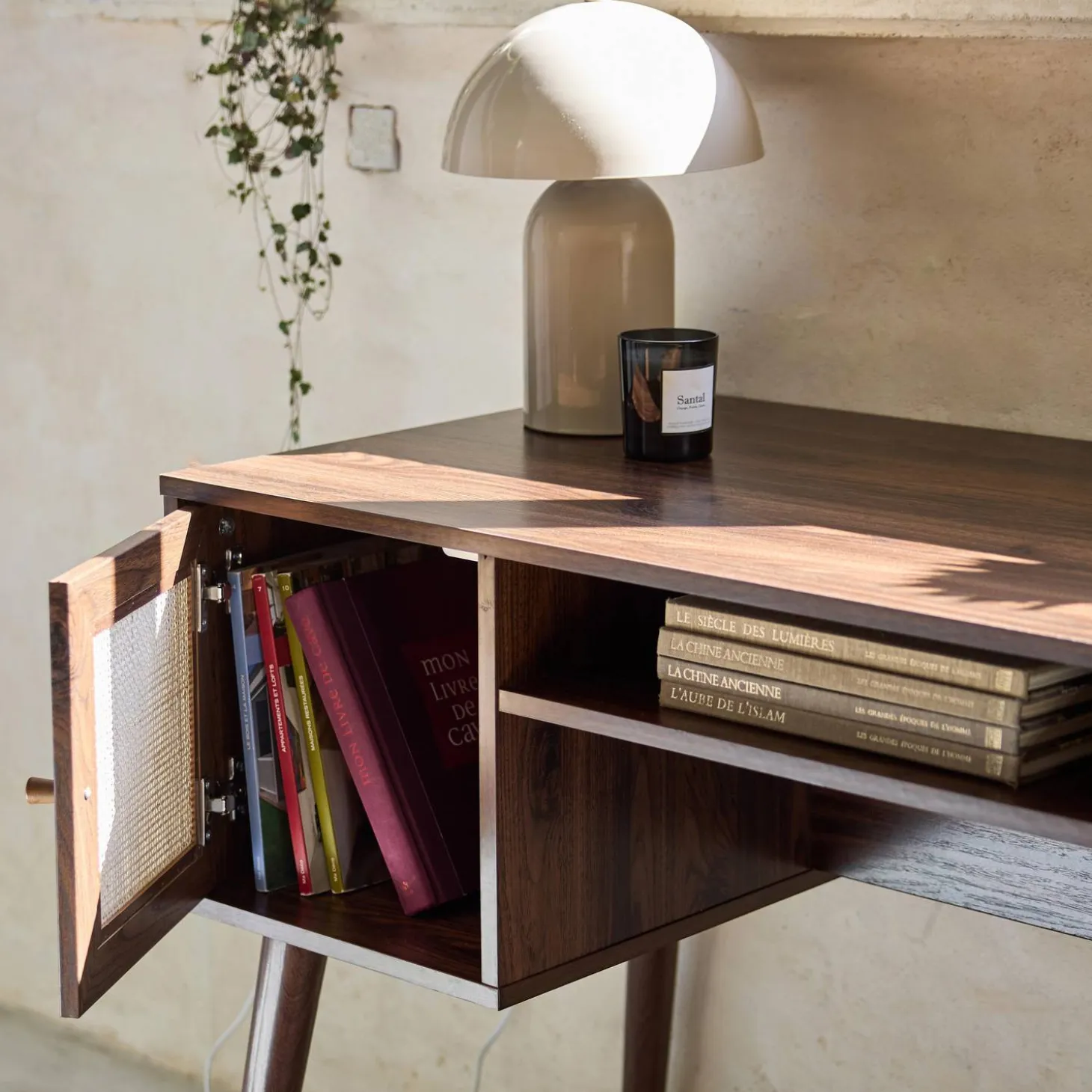Schreibtisch mit Holzdekor und Rattan-Geflecht 2 Türen