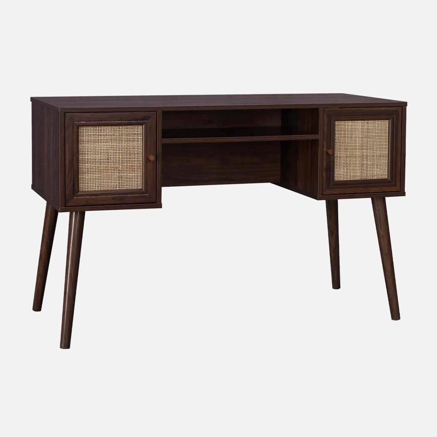 Schreibtisch mit Holzdekor und Rattan-Geflecht 2 Türen