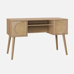 Schreibtisch mit Holzdekor und Rattan-Geflecht, 2 Türen