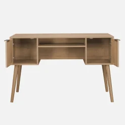 Schreibtisch mit Holzdekor und Rattan-Geflecht, 2 Türen