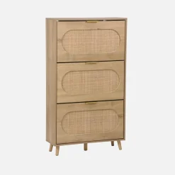 Schuhmöbel mit Holzdekor Rattan-Geflecht und 3 Klappen