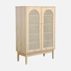 Schuhschrank / kleines Sideboard mit 2 Türen und Rattan-Geflecht