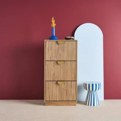 Schuhschrank Mangoholzoptik mit Riffelung, 3 Klappfächer