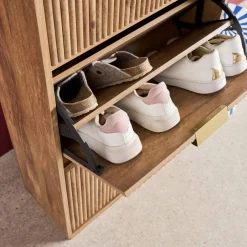 Schuhschrank Mangoholzoptik mit Riffelung, 3 Klappfächer