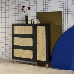 Schuhschrank mit Rattan-Geflecht und 3 Klapptüren