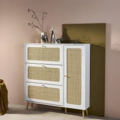 Schuhschrank mit Rattan-Geflecht und 3 Klapptüren