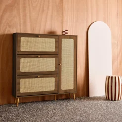 Schuhschrank mit Rattan-Geflecht und 3 Klapptüren