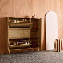 Schuhschrank mit Rattan-Geflecht und 3 Klapptüren