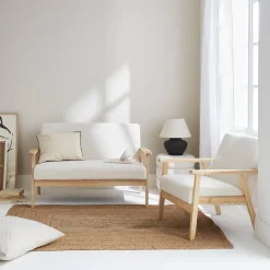 Set Sessel und Sitzbank aus Hevea-Holz mit Bouclé-Bezug