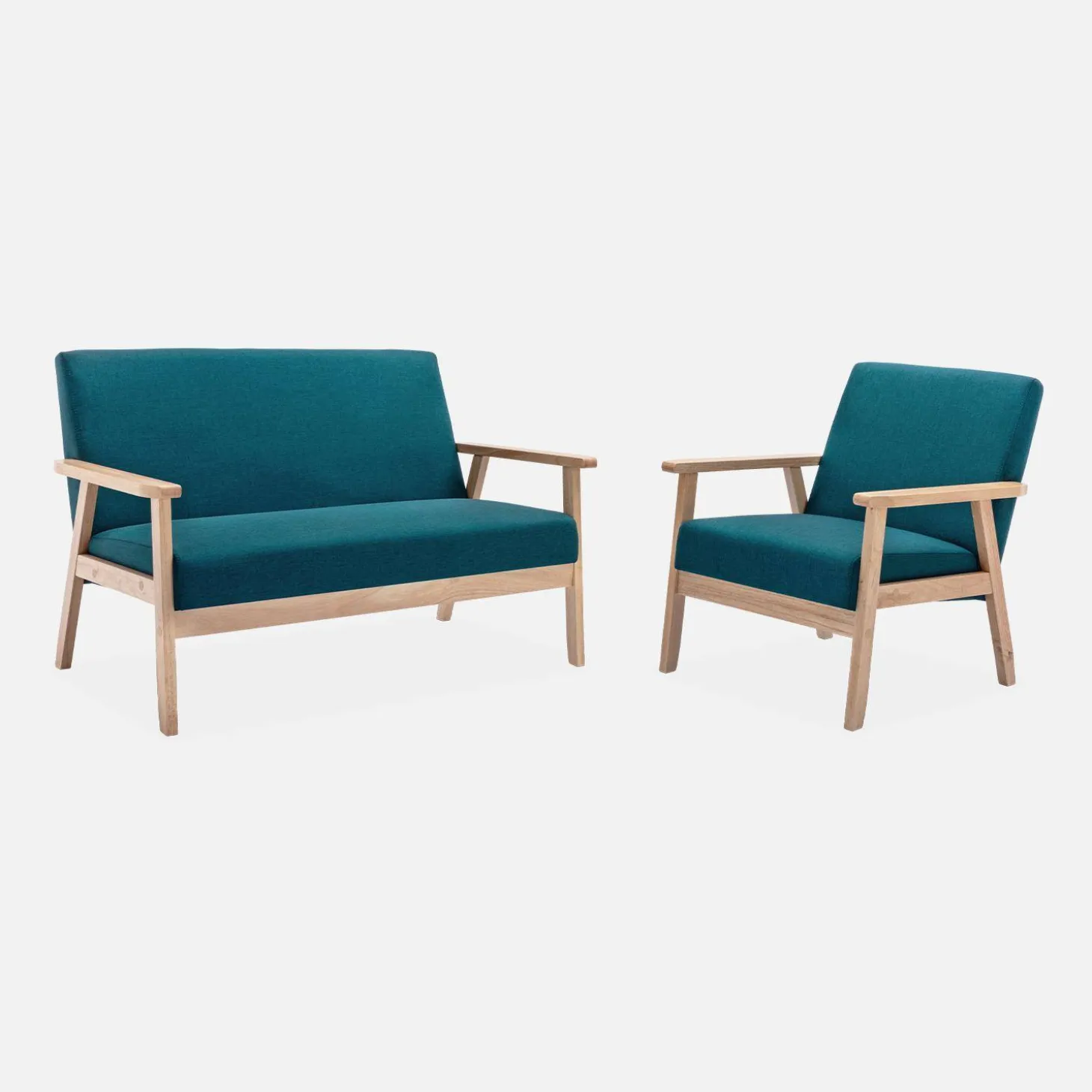 Set Sessel und 3-Sitzer Sitzbank aus Hevea-Holz mit Stoffbezug