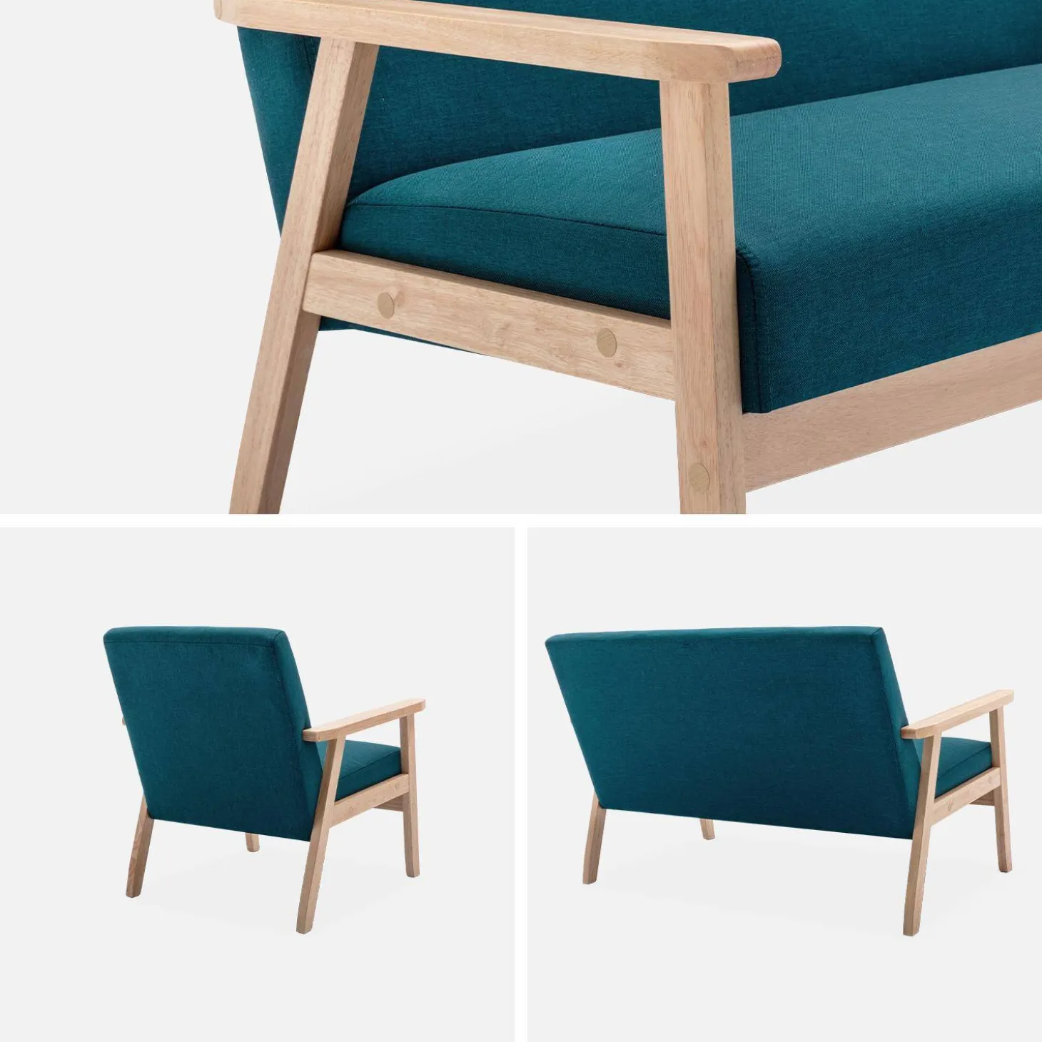 Set Sessel und 3-Sitzer Sitzbank aus Hevea-Holz mit Stoffbezug