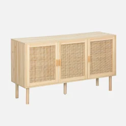 Sideboard mit Rattan-Geflecht und Holzdekor, 3 Türen, 120 cm