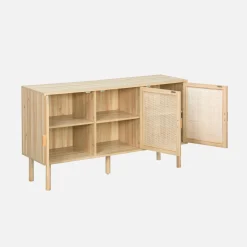 Sideboard mit Rattan-Geflecht und Holzdekor, 3 Türen, 120 cm