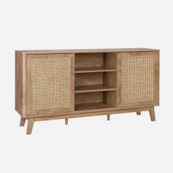 Sideboard mit 2 Schiebetüren und Regalen in Holzoptik mit Rattan-Geflecht, 150cm