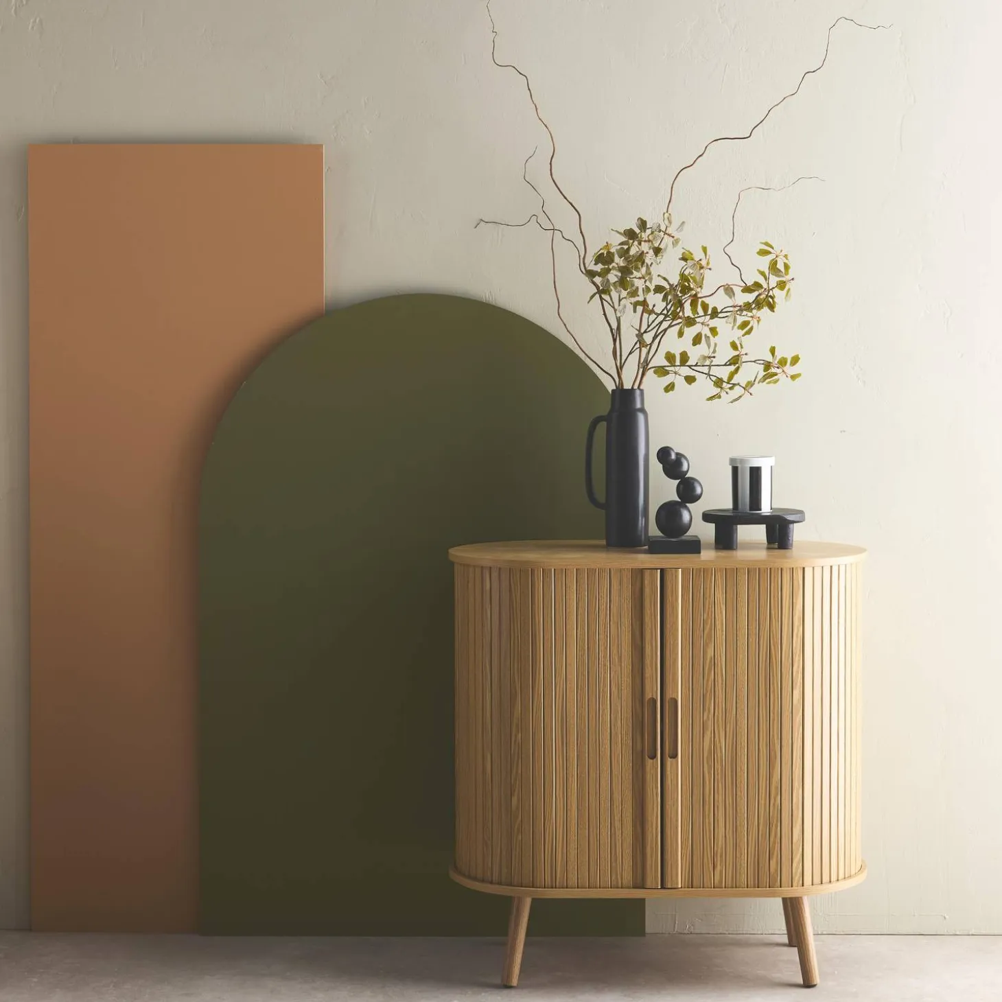 Sideboard mit Schiebetüren und Regal, gerillter Holzoptik B 80cm