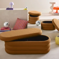 Sitzbank mit Stauraum und 2 Aufbewahrungshocker mit Bouclé-Bezug