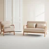 2-Sitzer Bank + Sessel aus Holz mit Bezug in beige