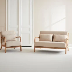 2-Sitzer Bank + Sessel aus Holz mit Bezug in beige