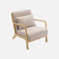2-Sitzer Bank + Sessel aus Holz mit Bezug in beige