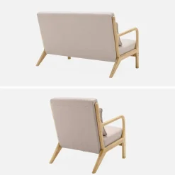 2-Sitzer Bank + Sessel aus Holz mit Bezug in beige